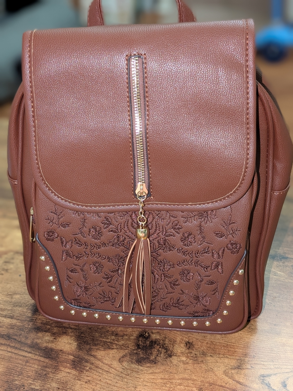 NWT Dark Congnac Floral Embossed Faux Leather Backpack with Tassel